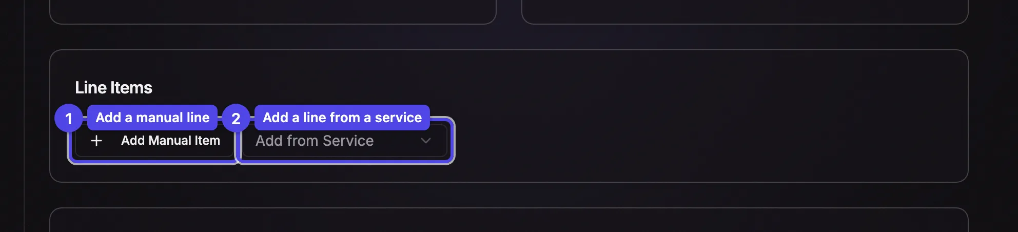 The Line Items section with the Add Manual Item button and the Add from Service picker