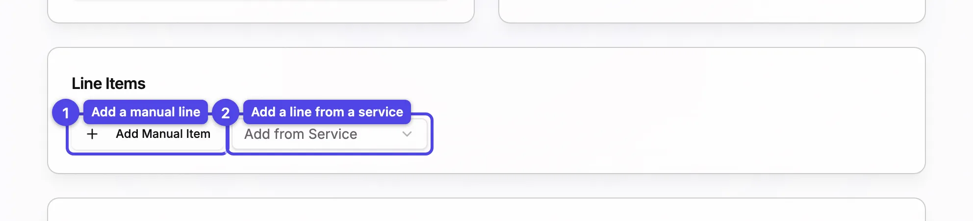 The Line Items section with the Add Manual Item button and the Add from Service picker