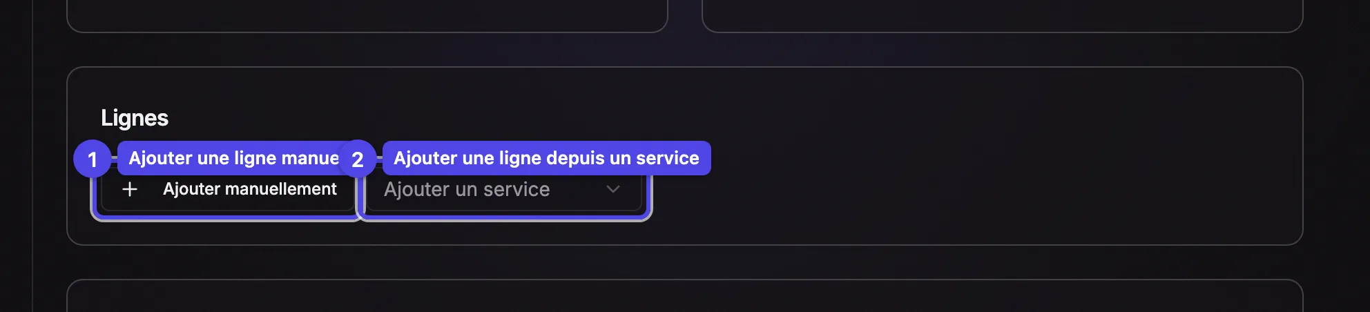 La section Lignes avec le bouton Ajouter manuellement et le sélecteur Ajouter un service
