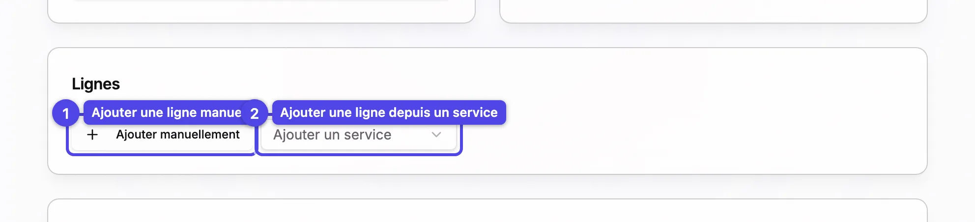 La section Lignes avec le bouton Ajouter manuellement et le sélecteur Ajouter un service