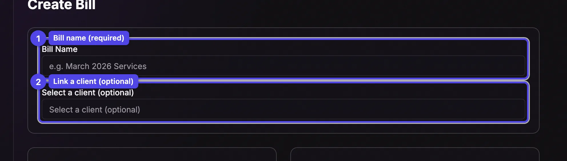 The top of the bill editor with the Bill Name field and the client selector