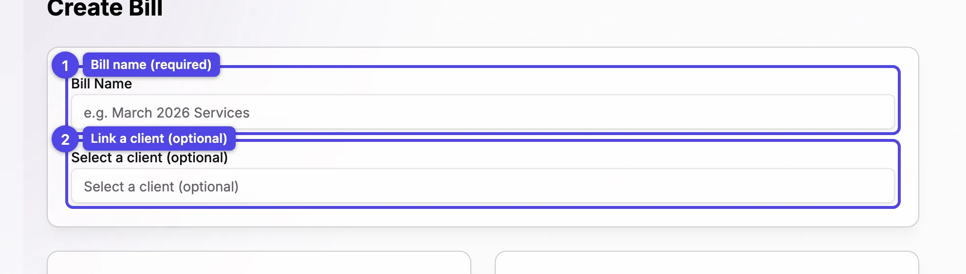 The top of the bill editor with the Bill Name field and the client selector
