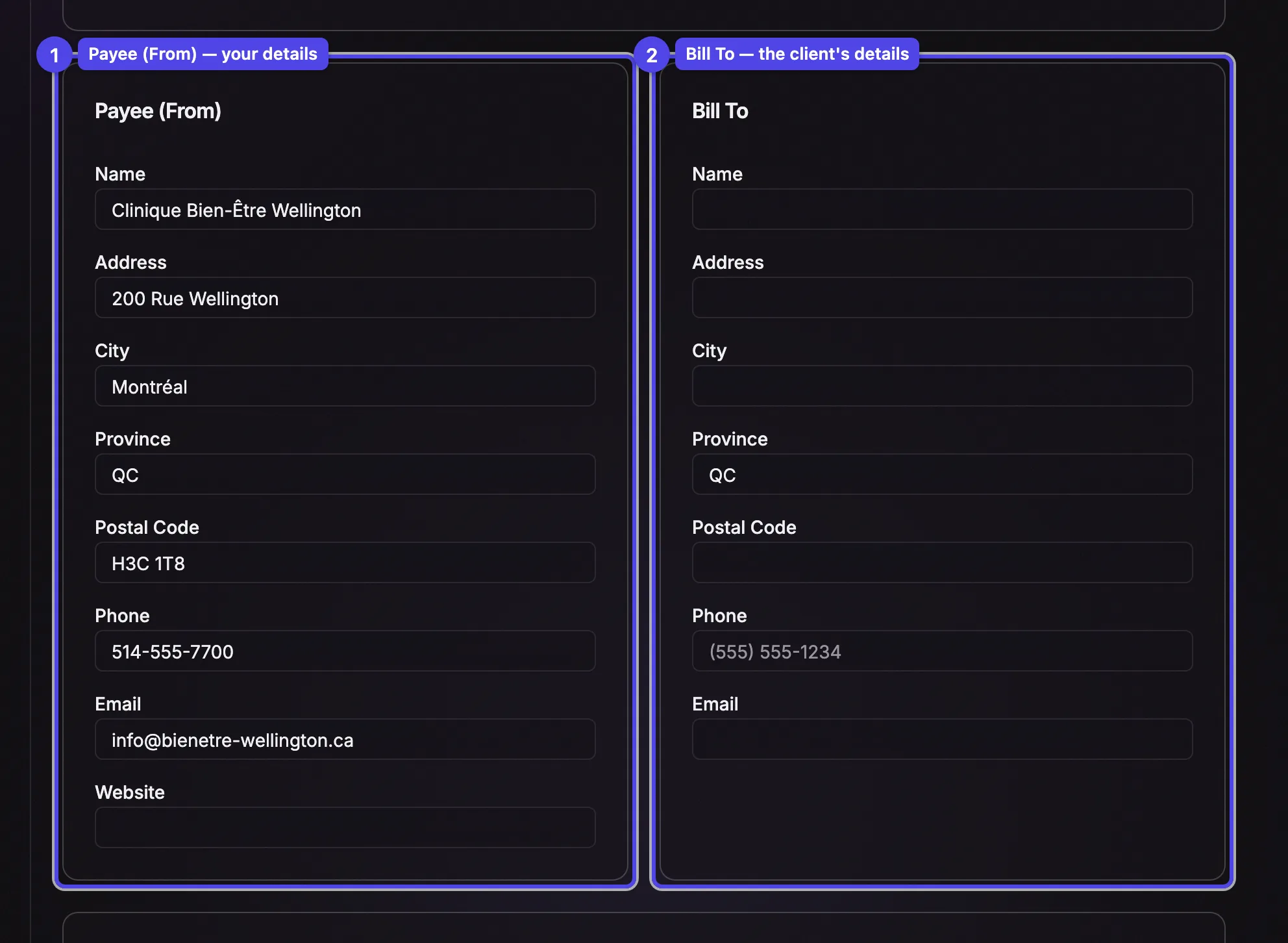 The Payee (From) and Bill To cards side by side