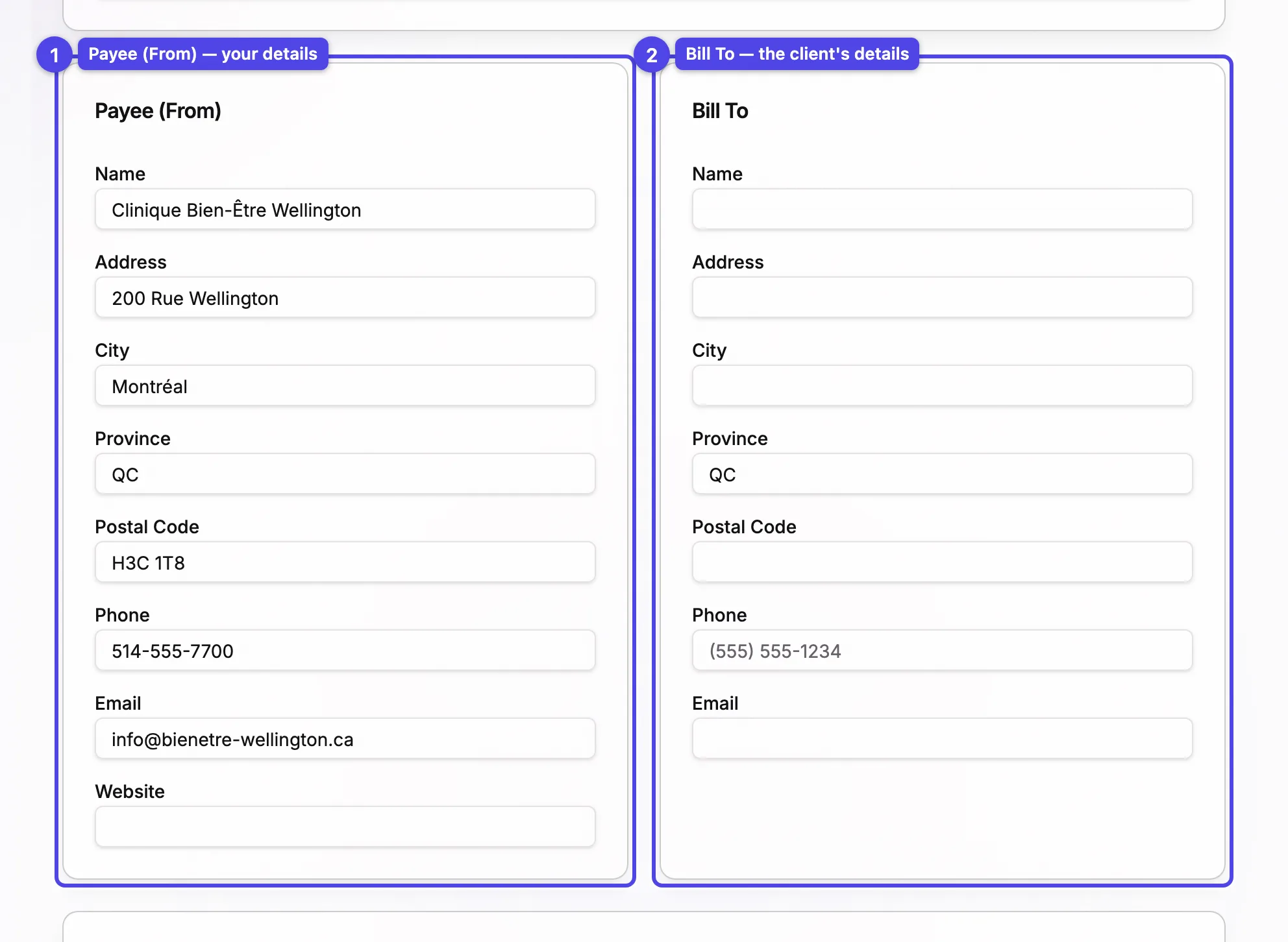The Payee (From) and Bill To cards side by side