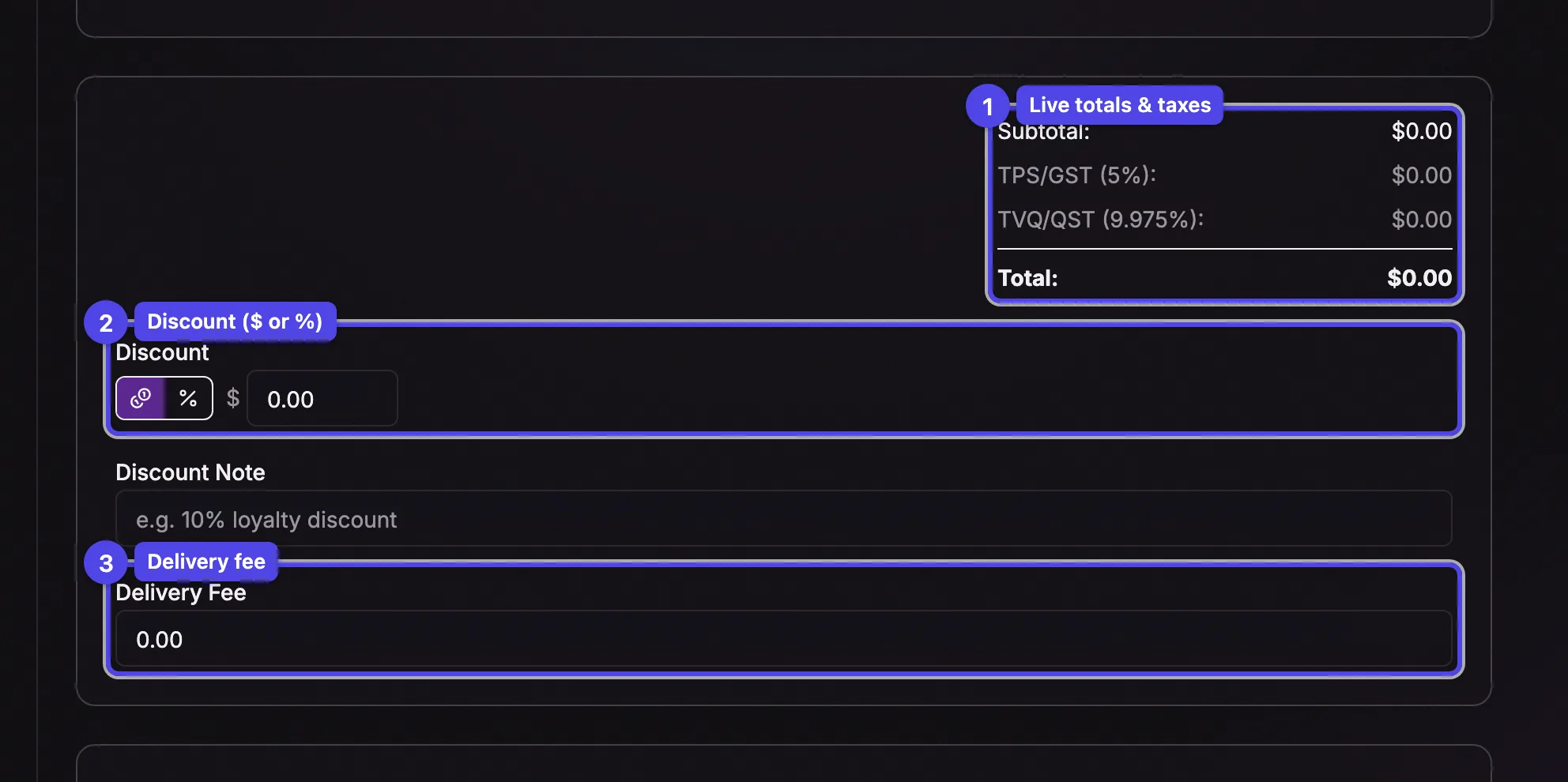 The totals summary with the discount and delivery fee fields