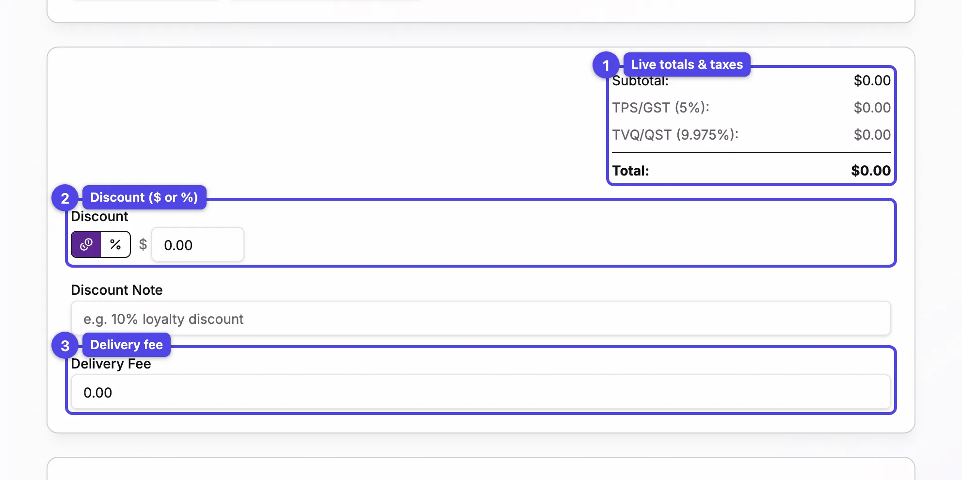 The totals summary with the discount and delivery fee fields
