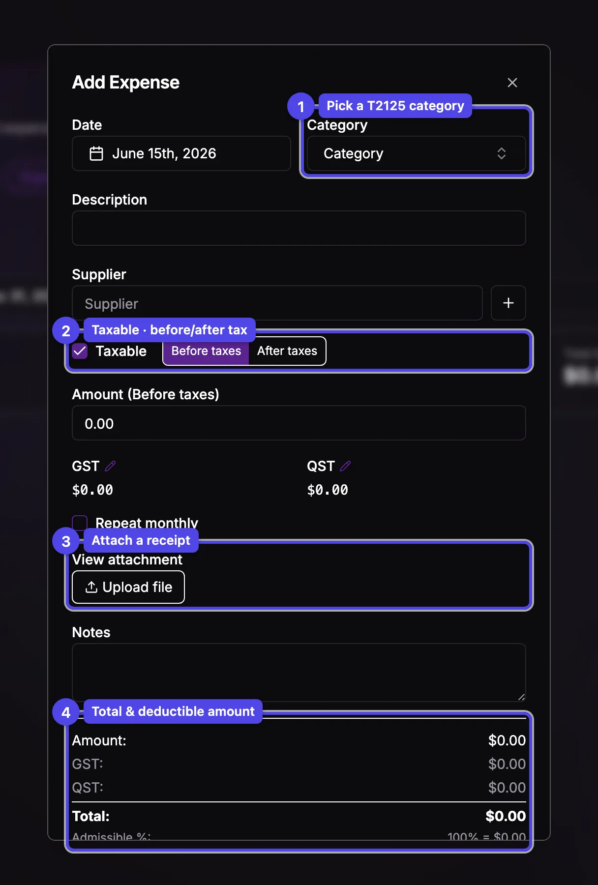The add-expense form with the T2125 category picker, tax controls, receipt, and totals