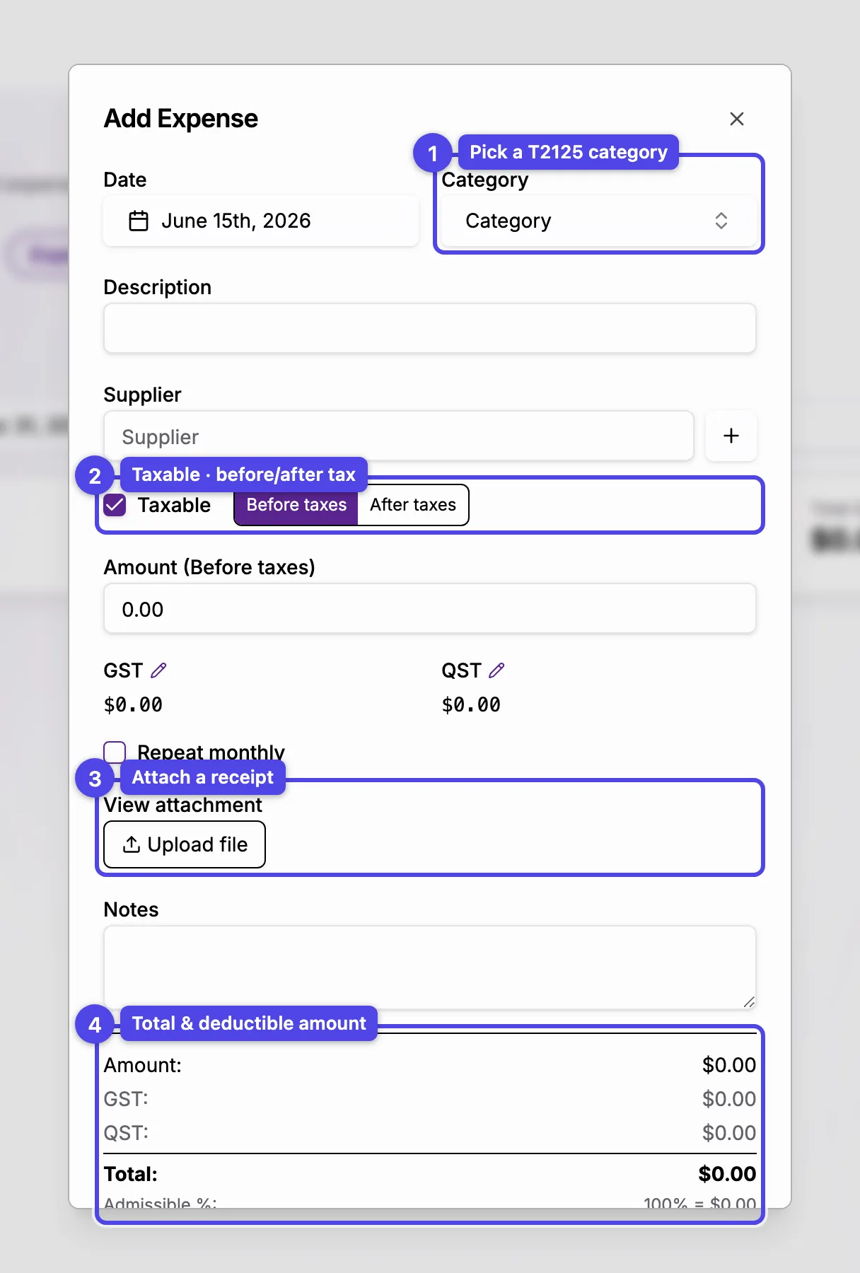 The add-expense form with the T2125 category picker, tax controls, receipt, and totals