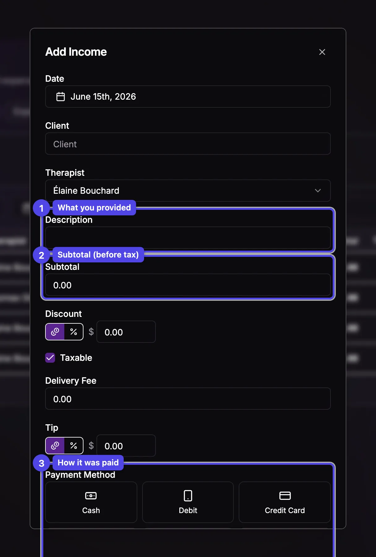 The add-income form with description, subtotal, payment method, and a live total