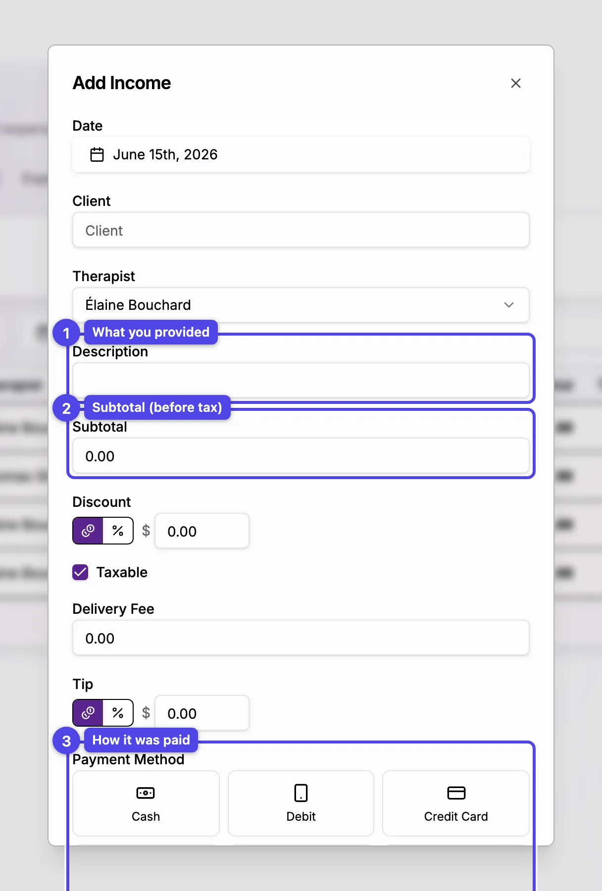 The add-income form with description, subtotal, payment method, and a live total