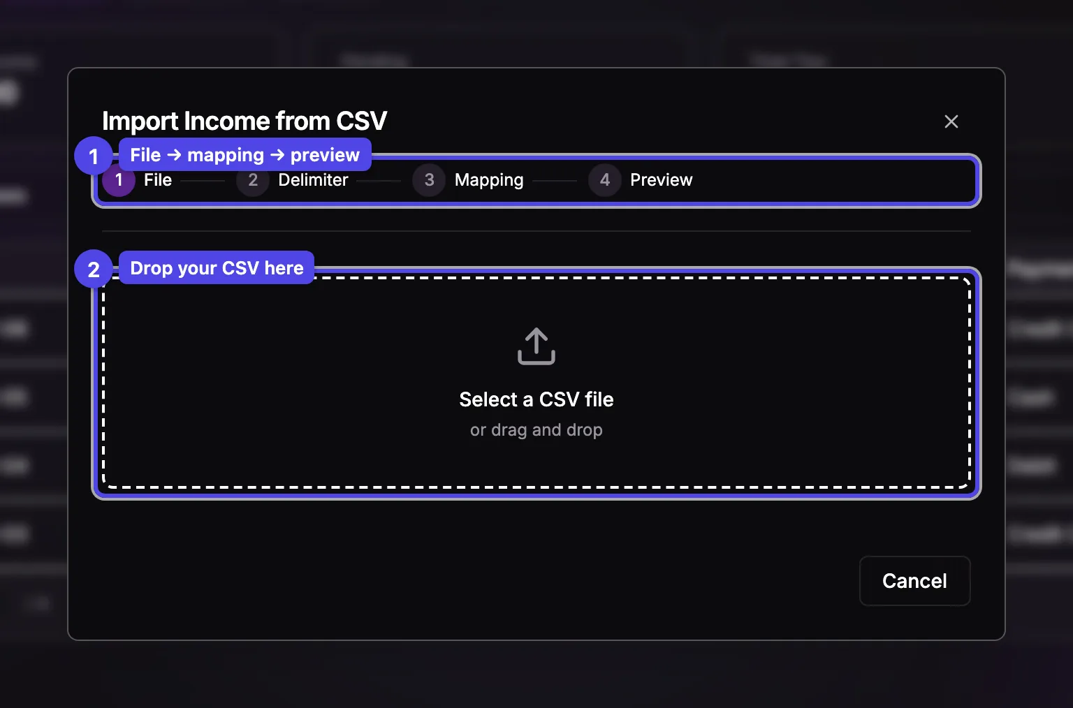 The income CSV import wizard on the file-selection step