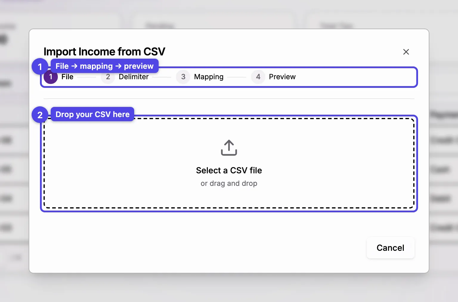 The income CSV import wizard on the file-selection step