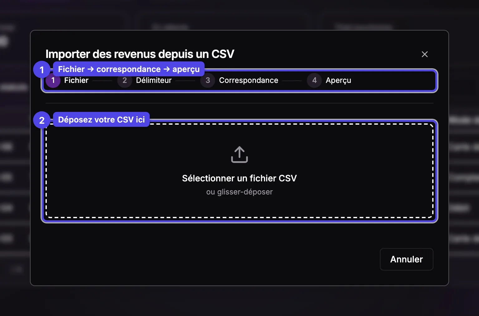 L'assistant d'importation CSV des revenus à l'étape de sélection du fichier