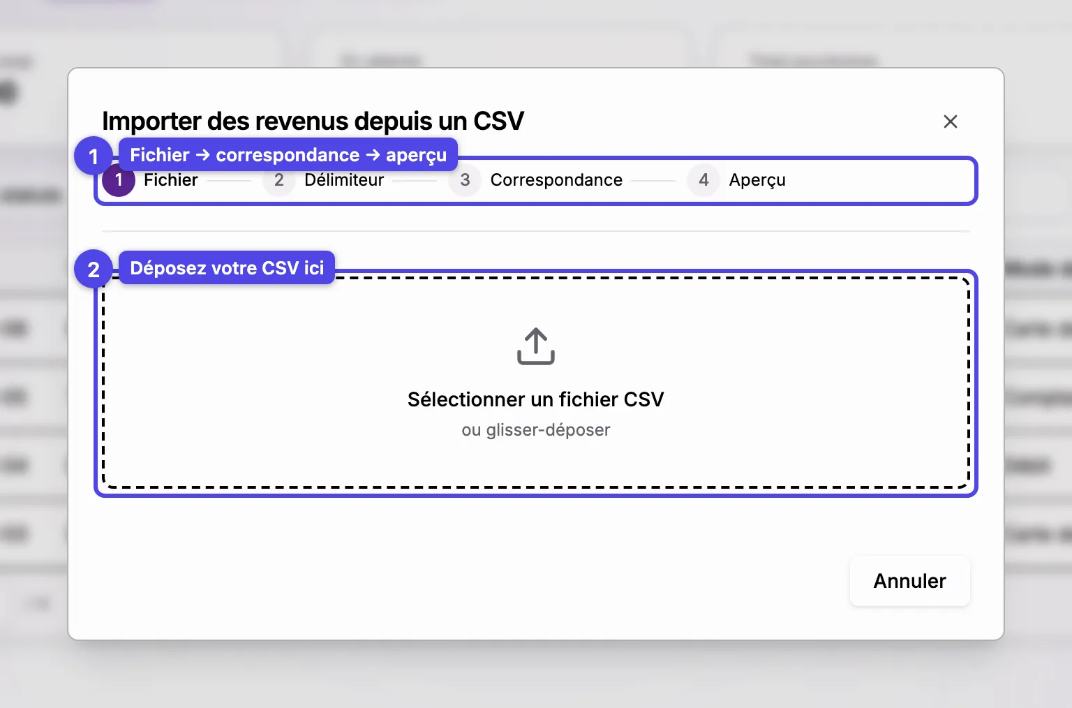 L'assistant d'importation CSV des revenus à l'étape de sélection du fichier