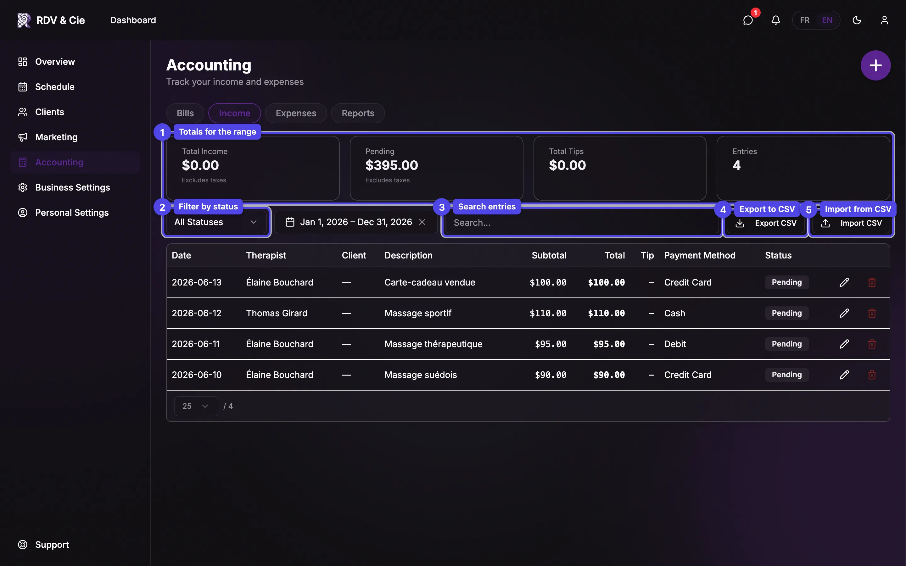 The Income tab with summary cards, filters, and the entries table