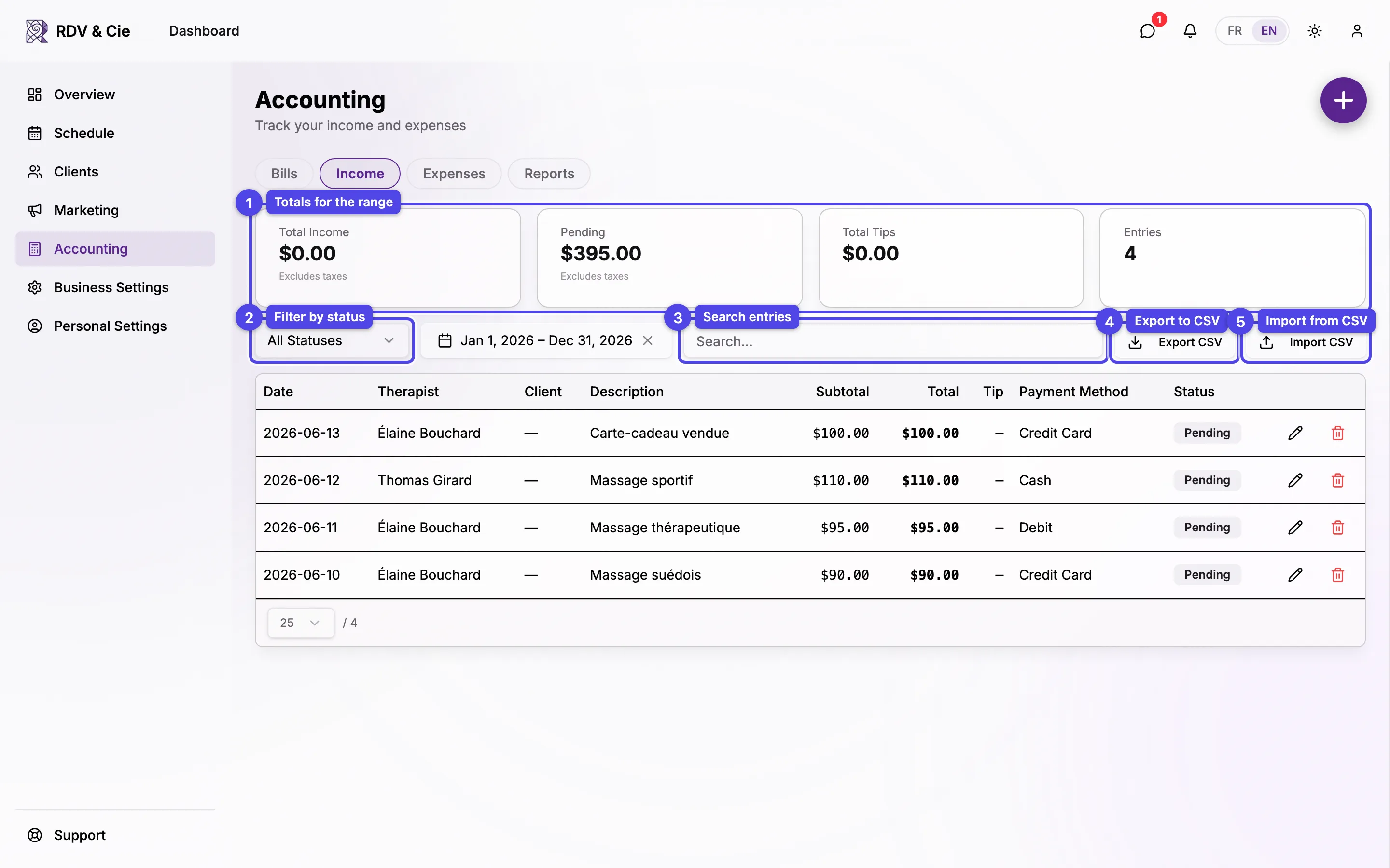 The Income tab with summary cards, filters, and the entries table