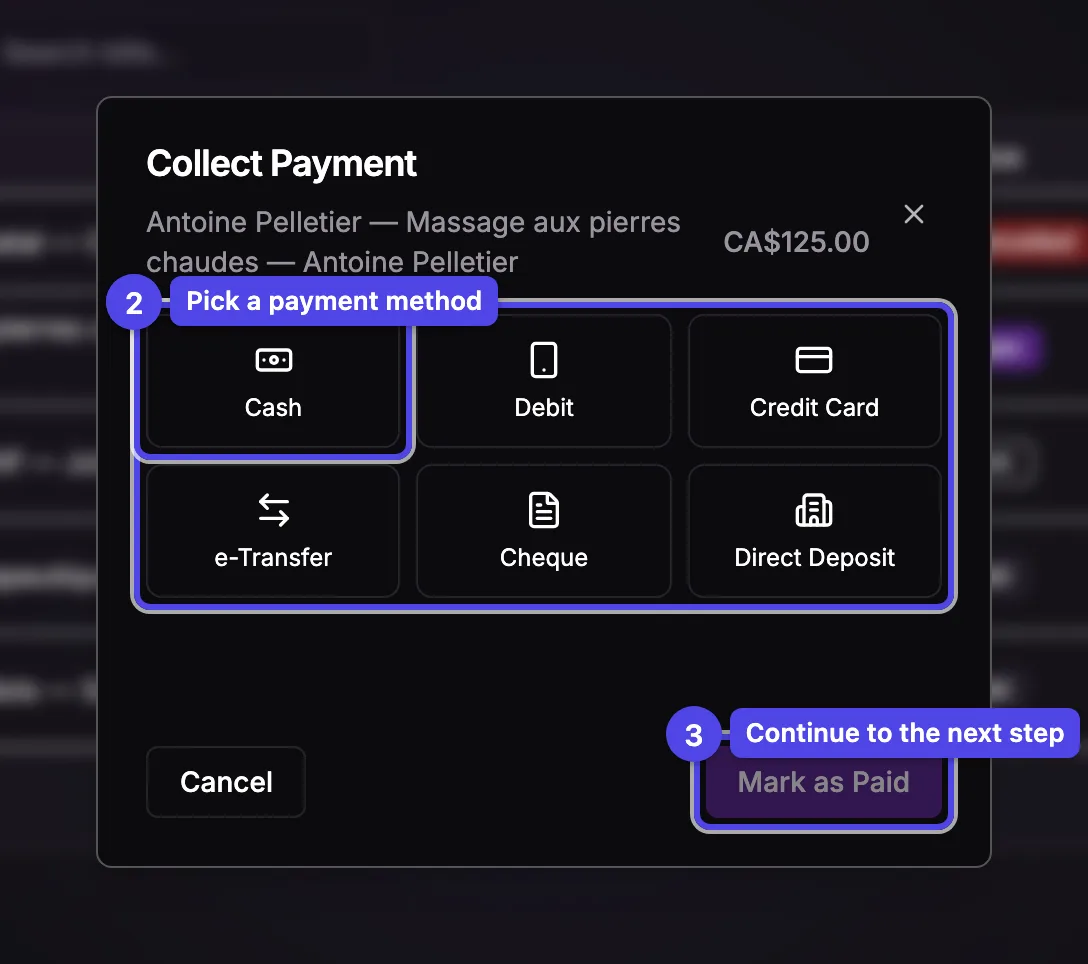 The Collect Payment wizard on the payment-method step, with manual methods and the Next button