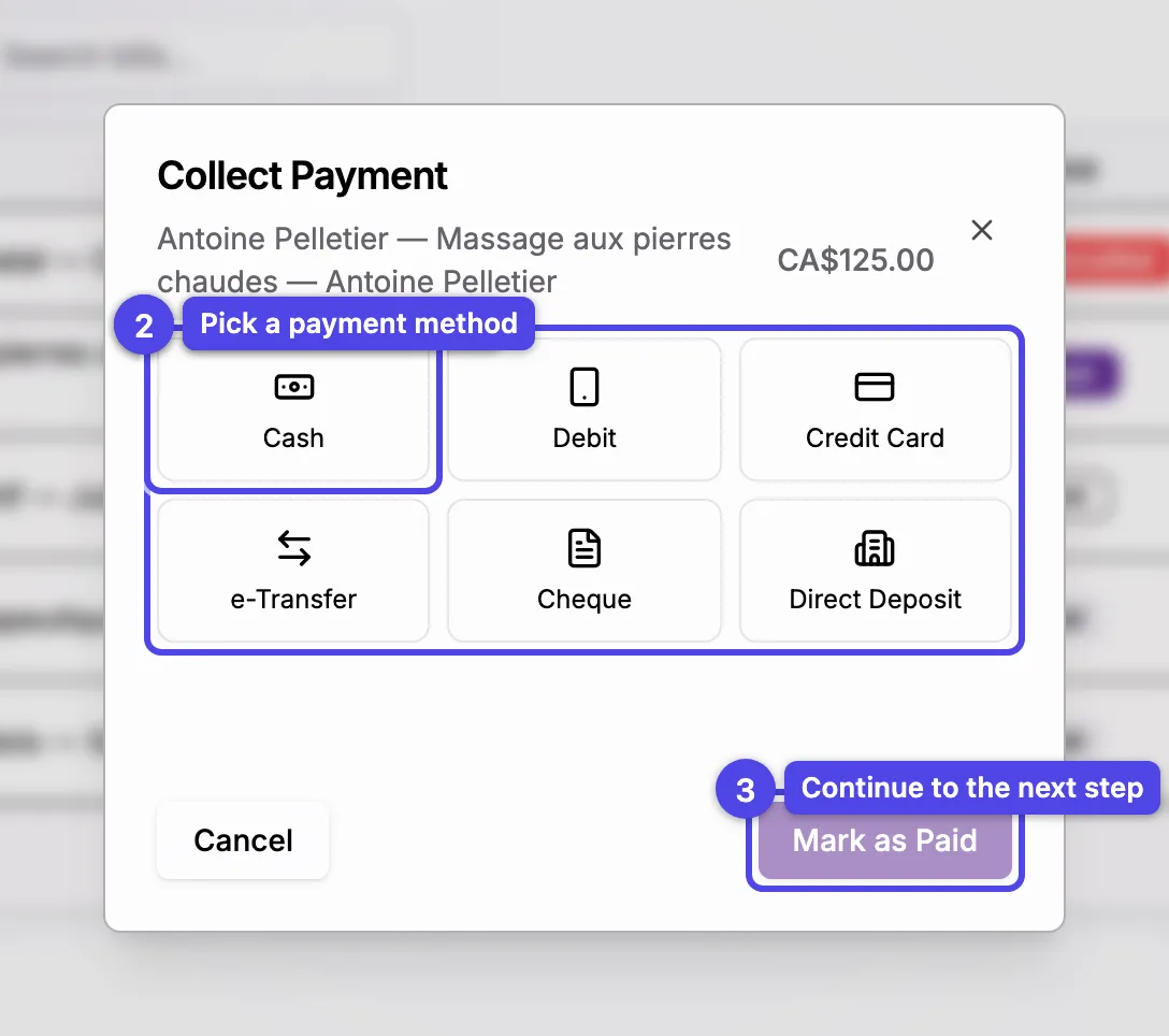 The Collect Payment wizard on the payment-method step, with manual methods and the Next button