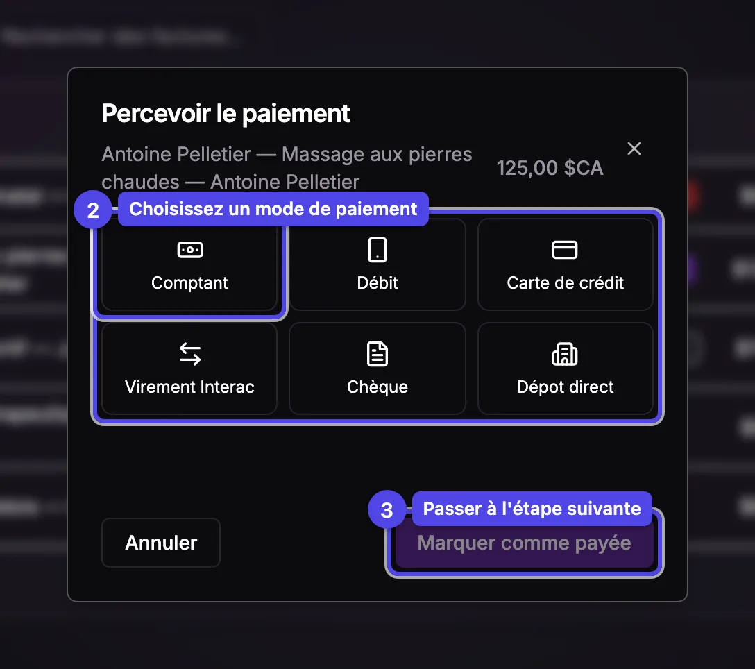 L'assistant Percevoir le paiement à l'étape du mode de paiement, avec les modes manuels et le bouton Suivant
