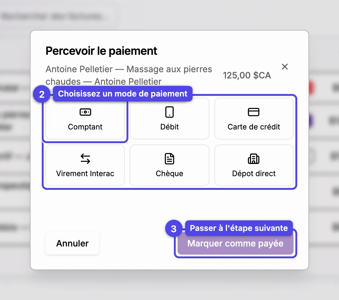 L'assistant Percevoir le paiement à l'étape du mode de paiement, avec les modes manuels et le bouton Suivant