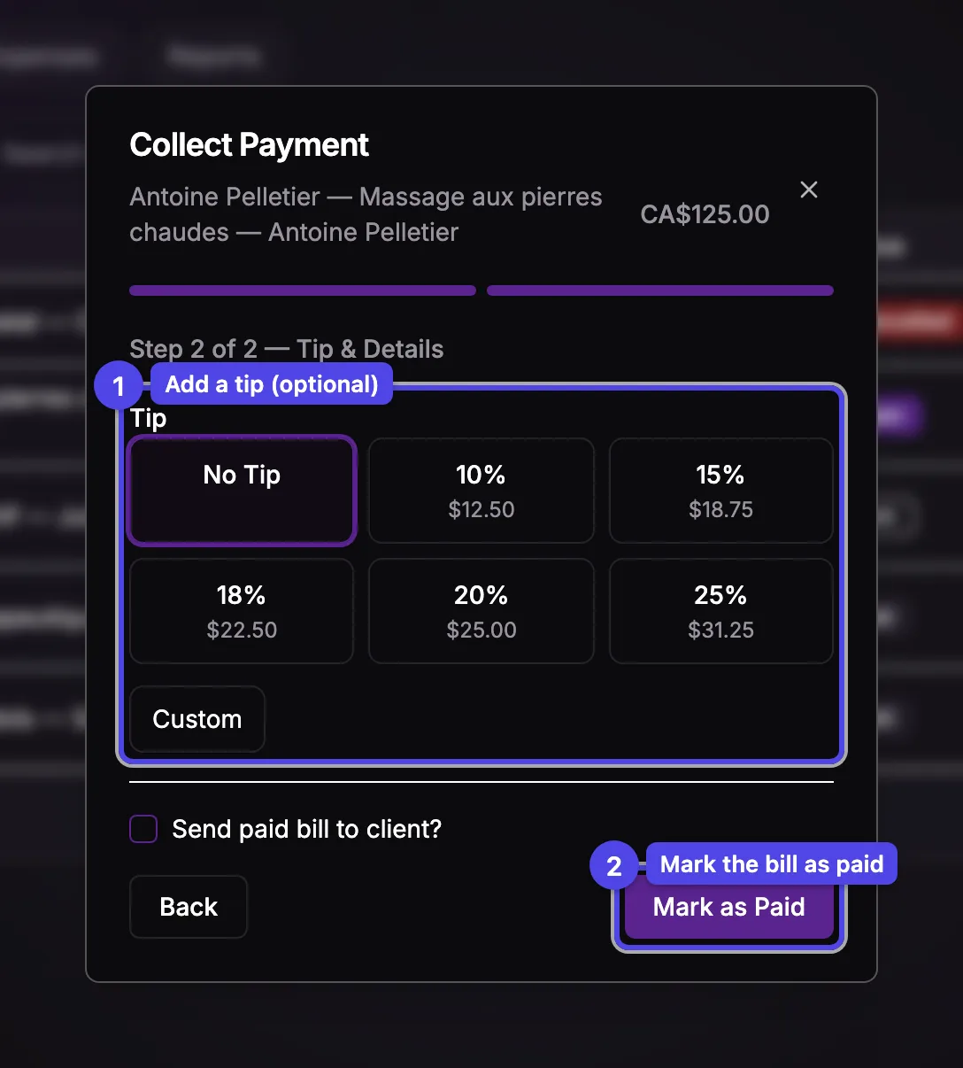 The wizard's Tip & Details step with percentage presets and a custom option
