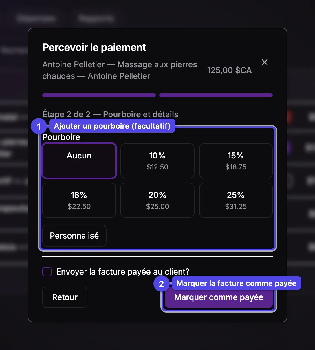 L'étape Pourboire et détails de l'assistant, avec les pourcentages prédéfinis et l'option personnalisée