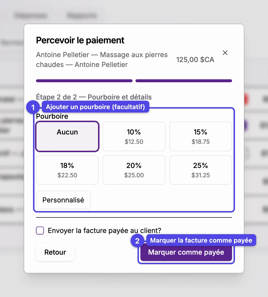 L'étape Pourboire et détails de l'assistant, avec les pourcentages prédéfinis et l'option personnalisée