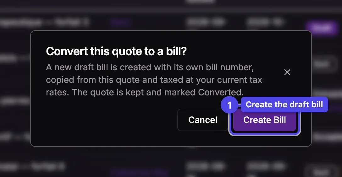 The Convert this quote to a bill dialog with the Create Bill button