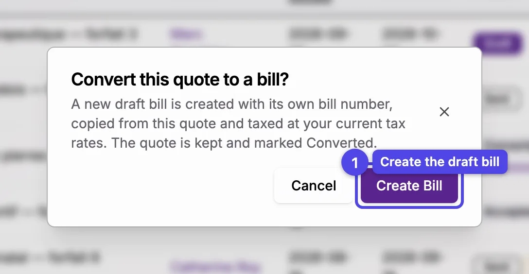 The Convert this quote to a bill dialog with the Create Bill button