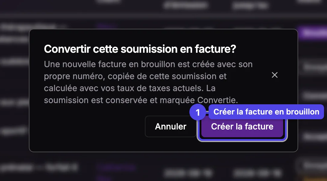 La boîte Convertir cette soumission en facture avec le bouton Créer la facture