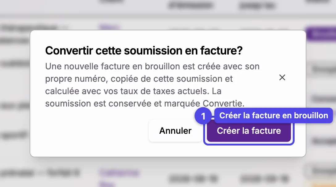 La boîte Convertir cette soumission en facture avec le bouton Créer la facture