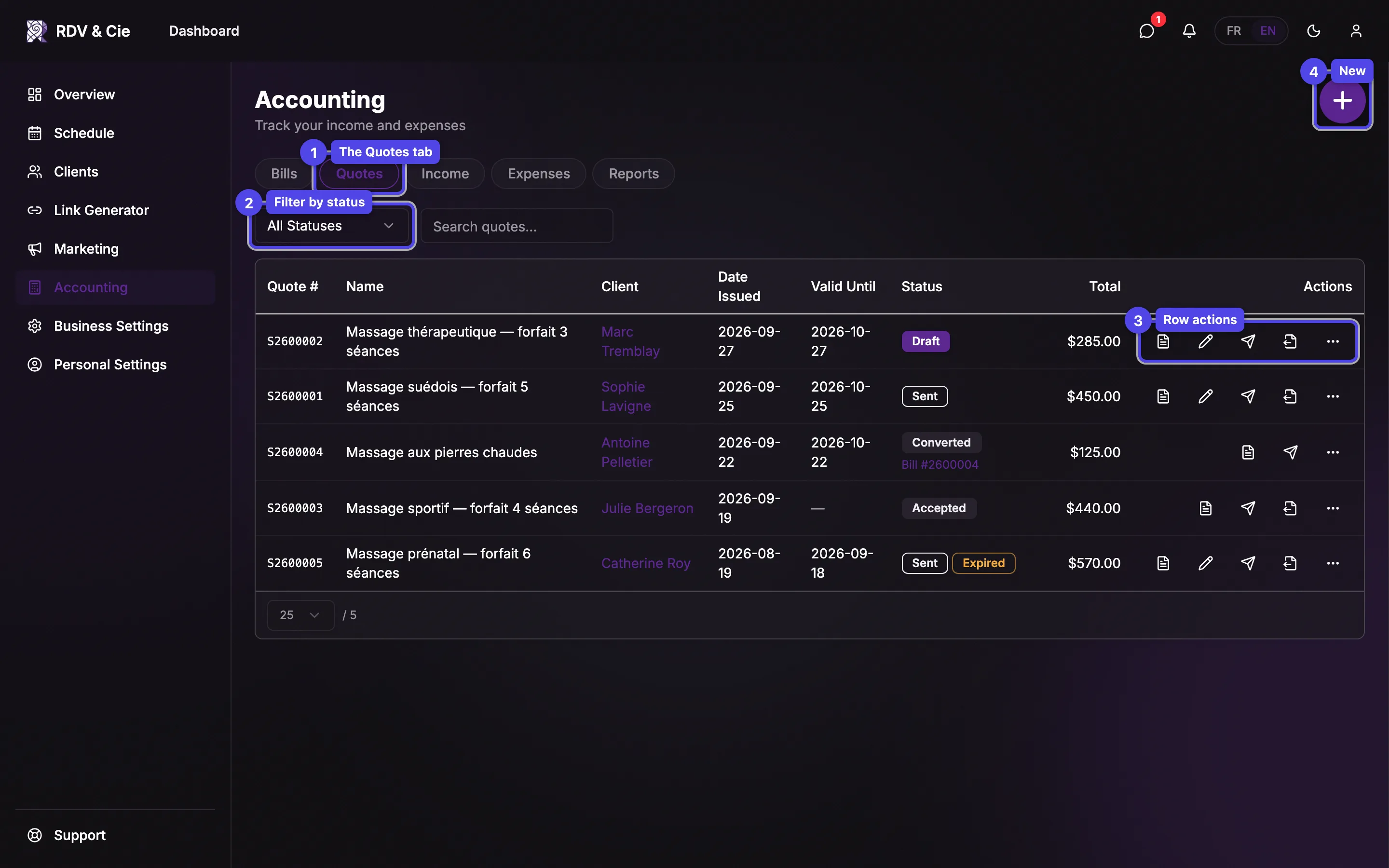 The Quotes tab with the status filter, the quote rows and their actions, and the + button