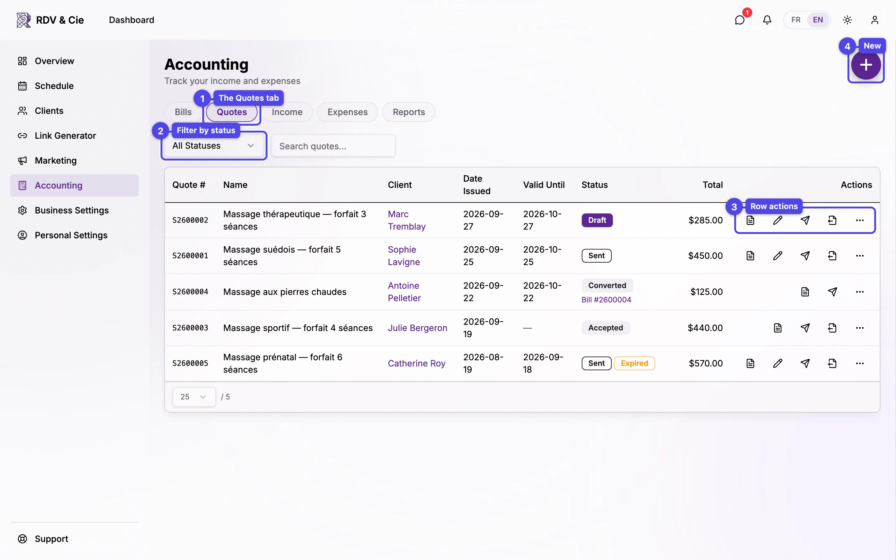 The Quotes tab with the status filter, the quote rows and their actions, and the + button