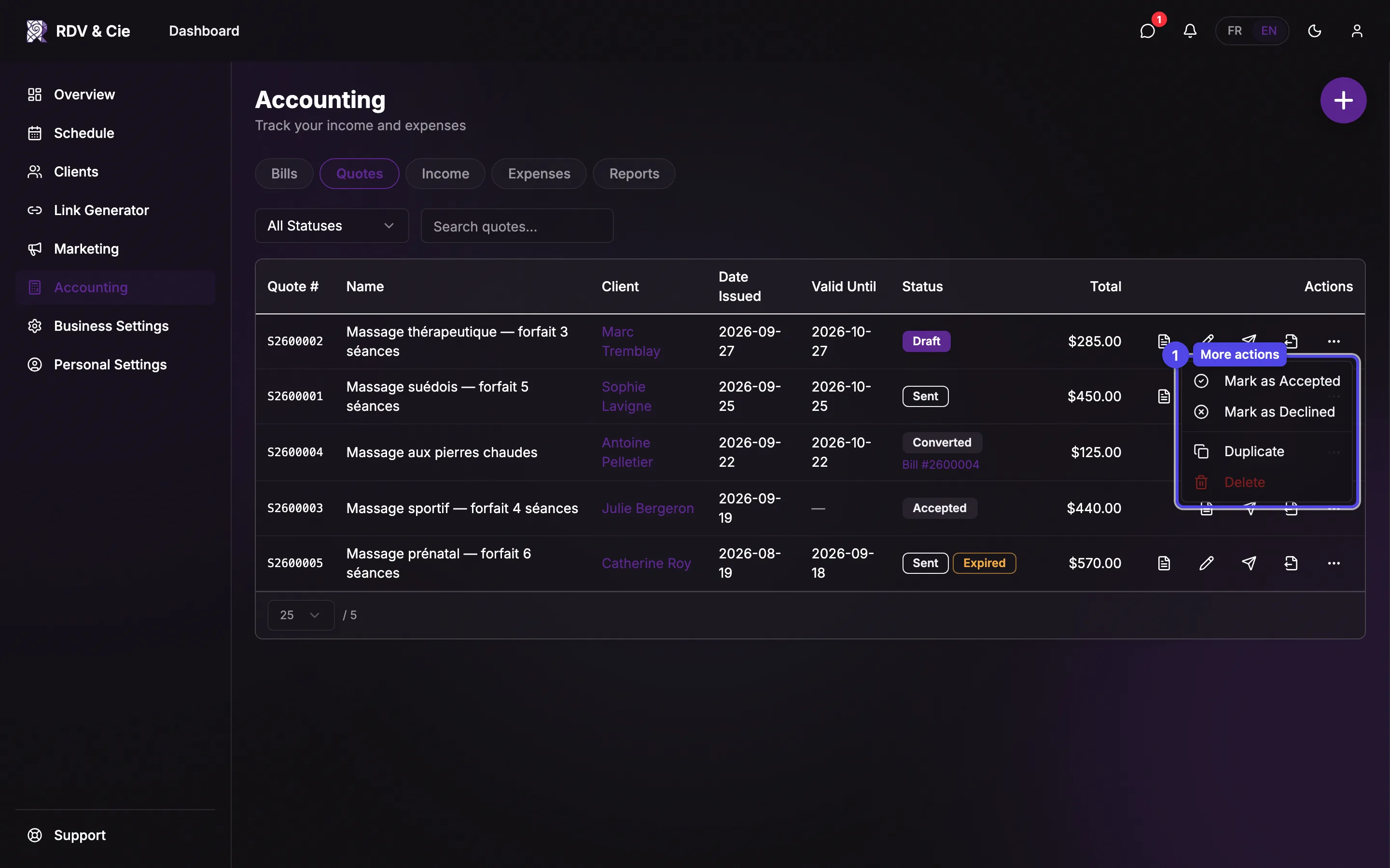 The More actions menu with Mark as Accepted, Mark as Declined, Duplicate, and Delete