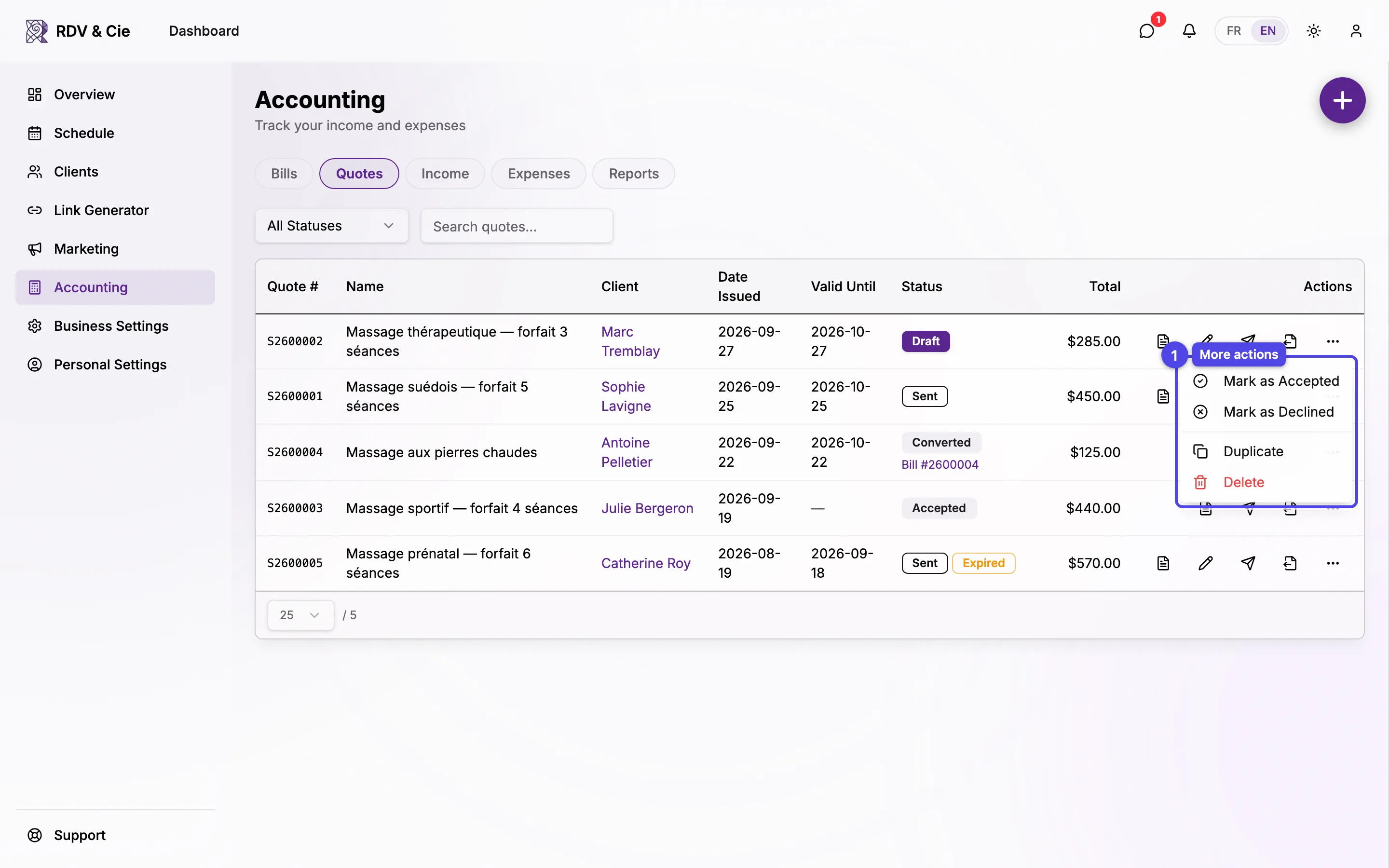 The More actions menu with Mark as Accepted, Mark as Declined, Duplicate, and Delete