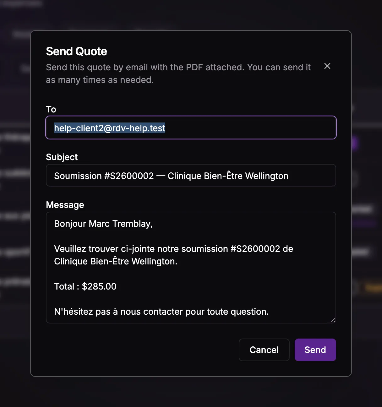 The Send Quote dialog with the recipient, the subject, and the message
