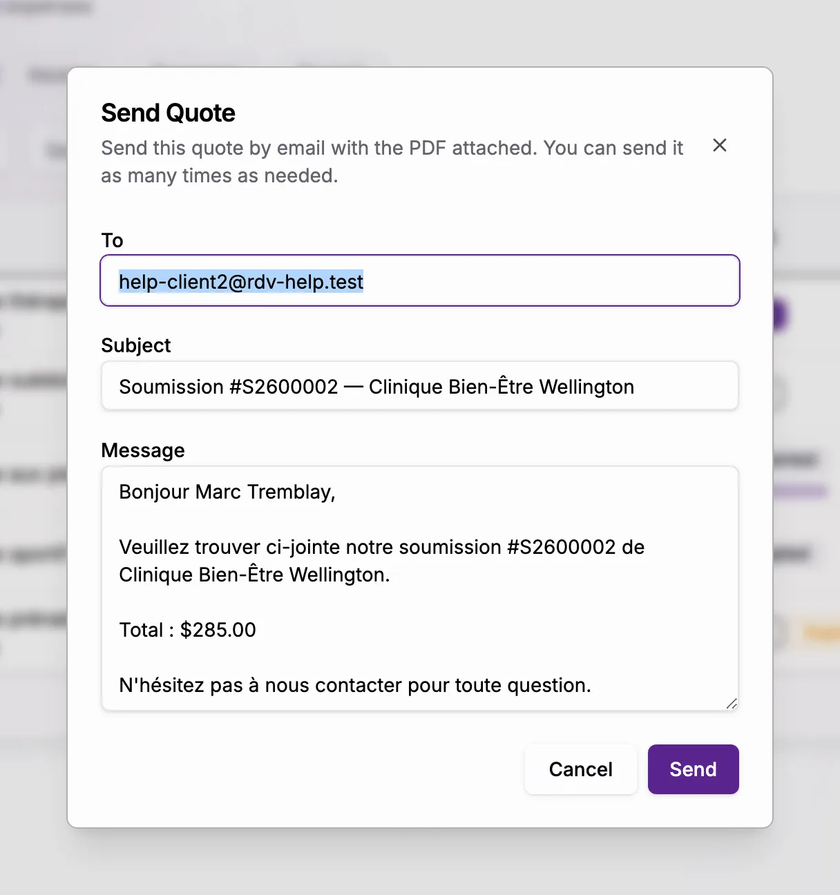 The Send Quote dialog with the recipient, the subject, and the message