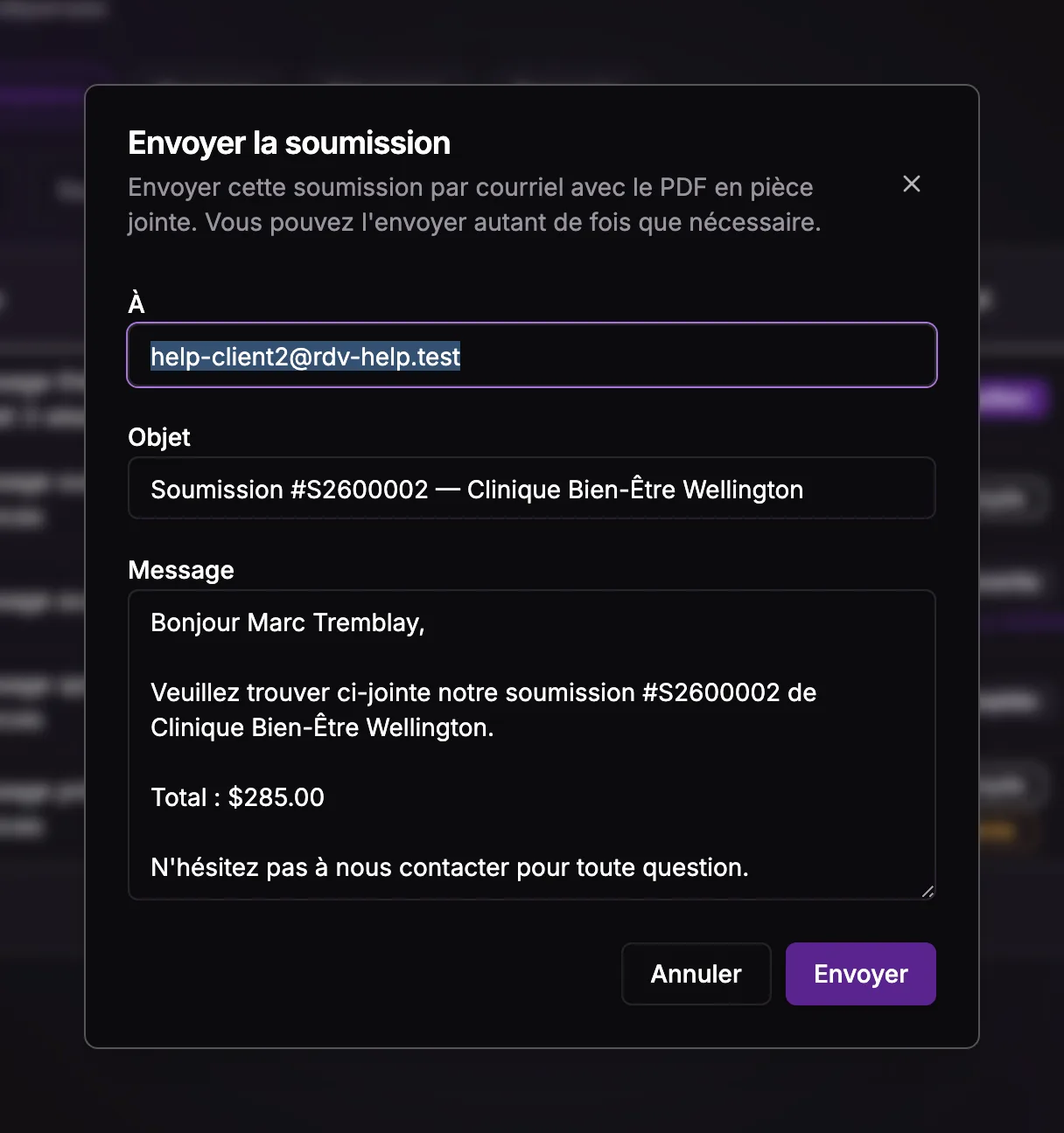 La boîte Envoyer la soumission avec le destinataire, l'objet et le message