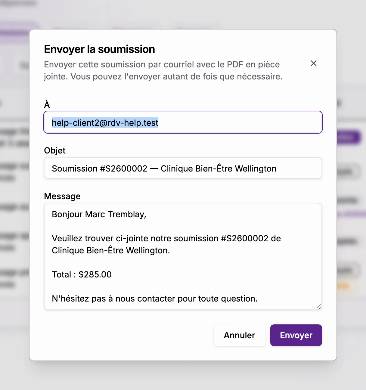 La boîte Envoyer la soumission avec le destinataire, l'objet et le message
