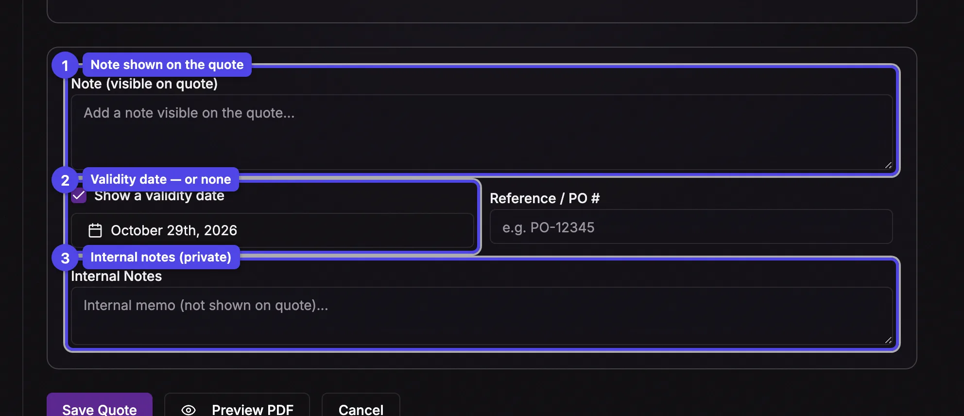 The bottom of the quote editor with the note, the Show a validity date checkbox, and the internal notes