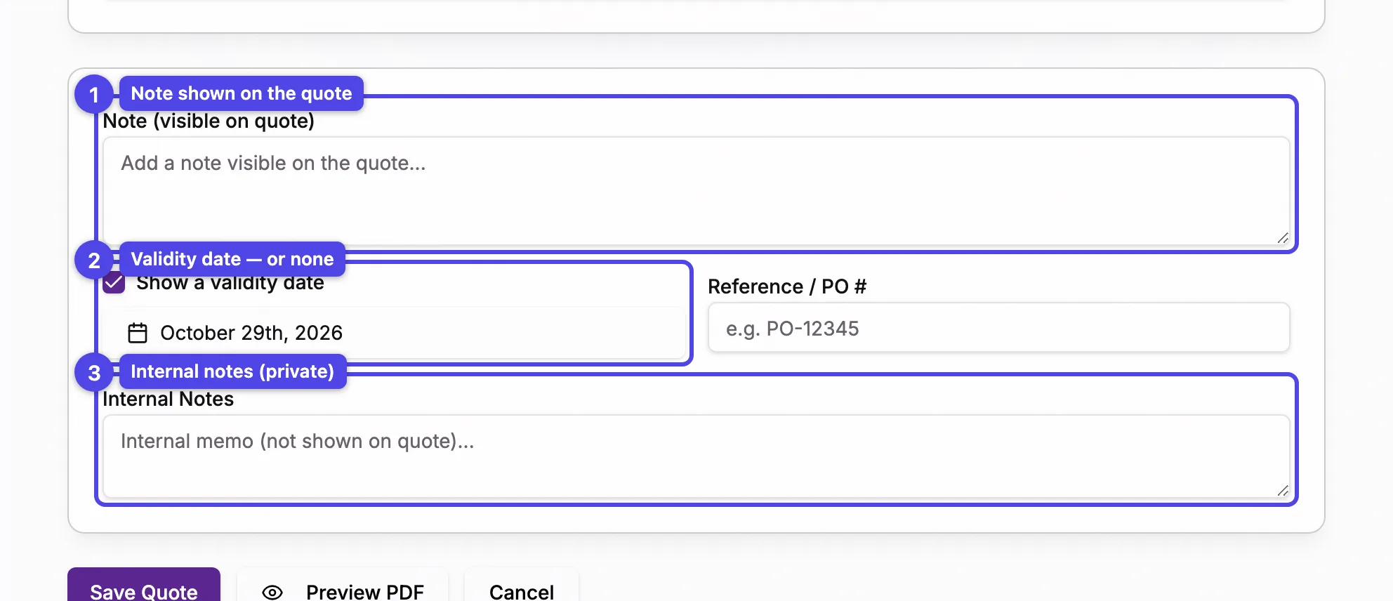 The bottom of the quote editor with the note, the Show a validity date checkbox, and the internal notes