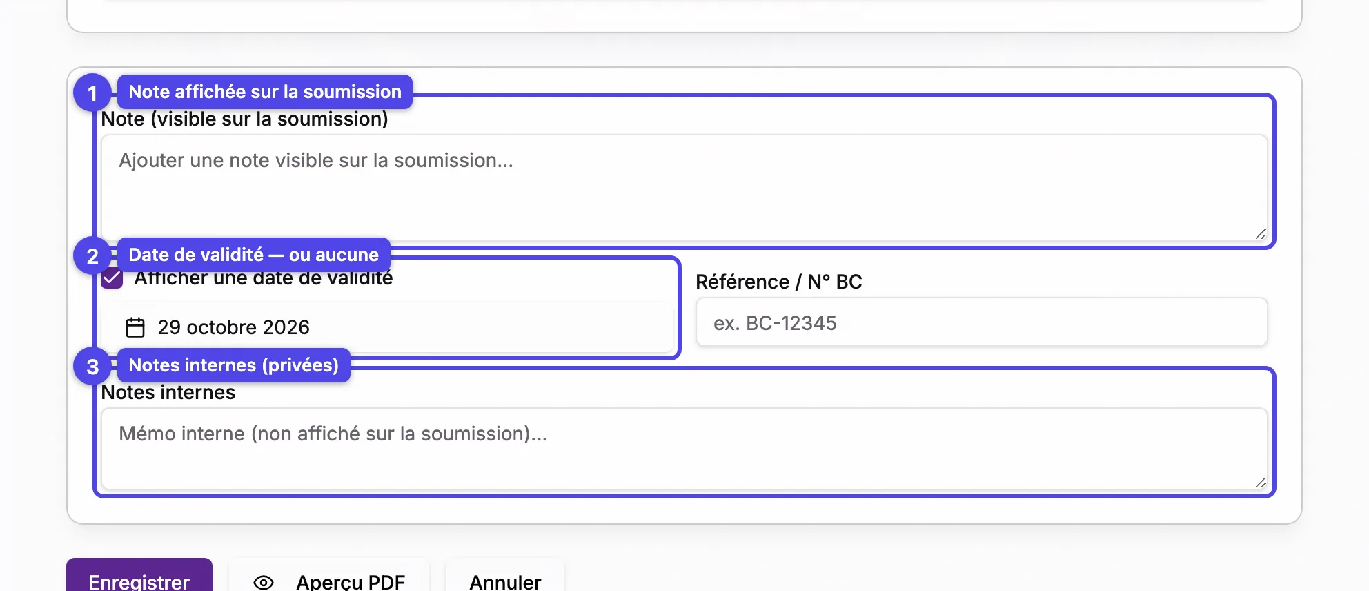Le bas de l'éditeur de soumission avec la note, la case Afficher une date de validité et les notes internes