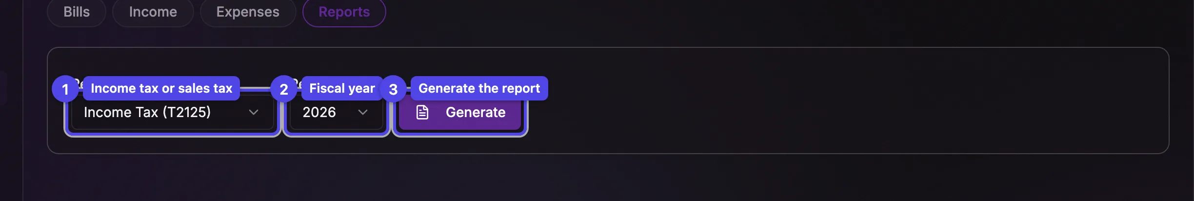 The Reports tab controls: report type, year, period, method, and the Generate button