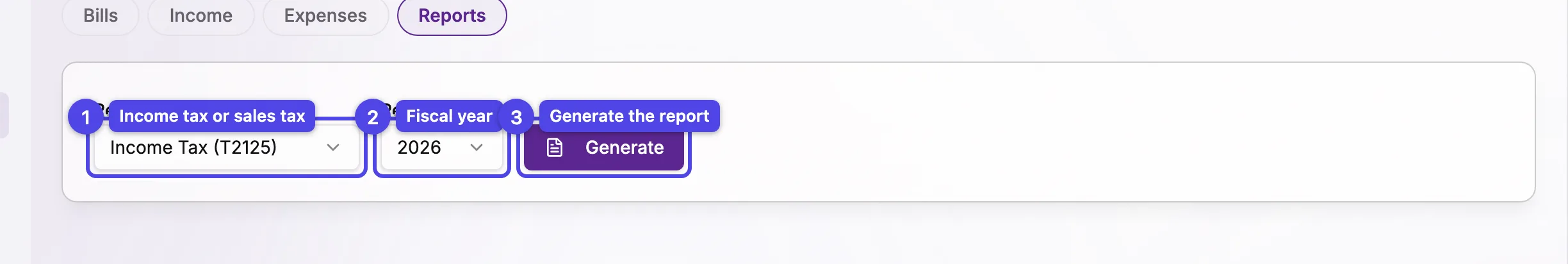 The Reports tab controls: report type, year, period, method, and the Generate button