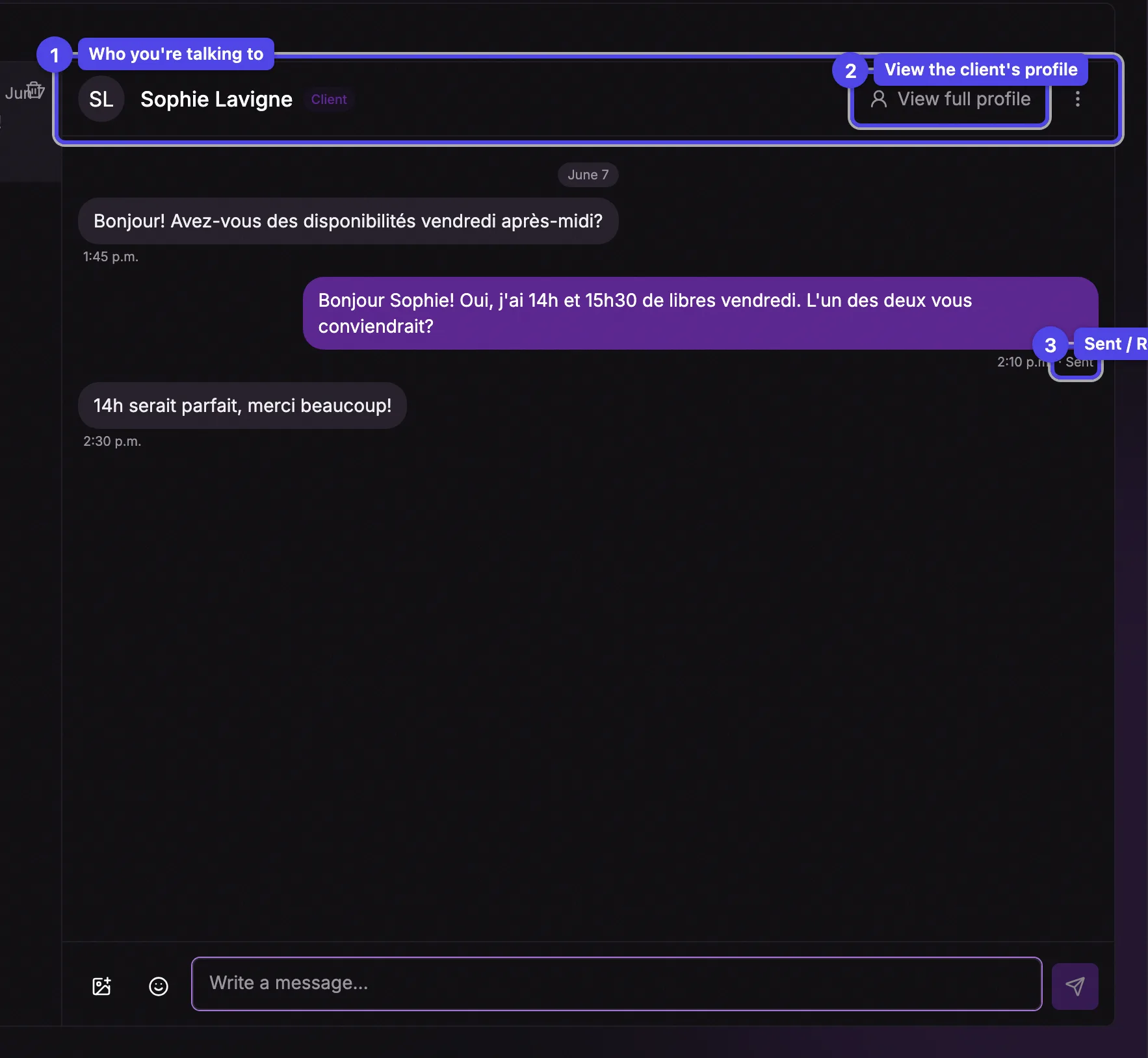 An open conversation thread showing the header with the client's name and badge, the messages, and a Sent or Read receipt