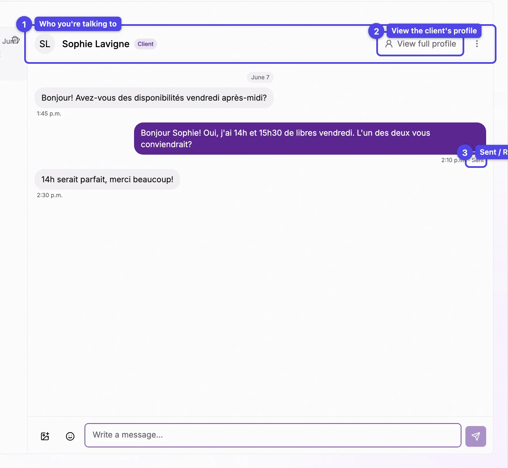 An open conversation thread showing the header with the client's name and badge, the messages, and a Sent or Read receipt