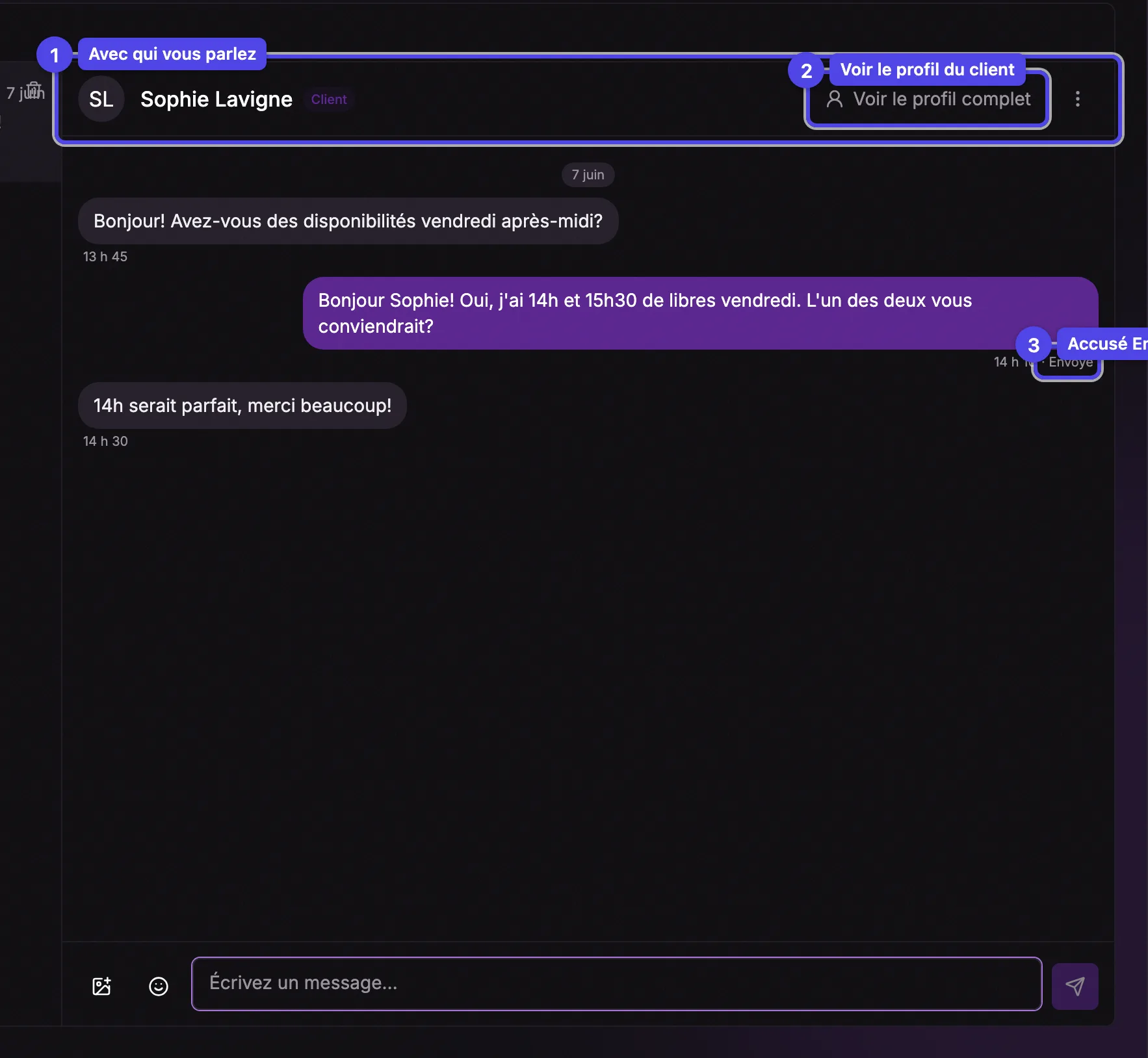Un échange ouvert montrant l'en-tête avec le nom et l'étiquette du client, les messages, et un accusé Envoyé ou Lu