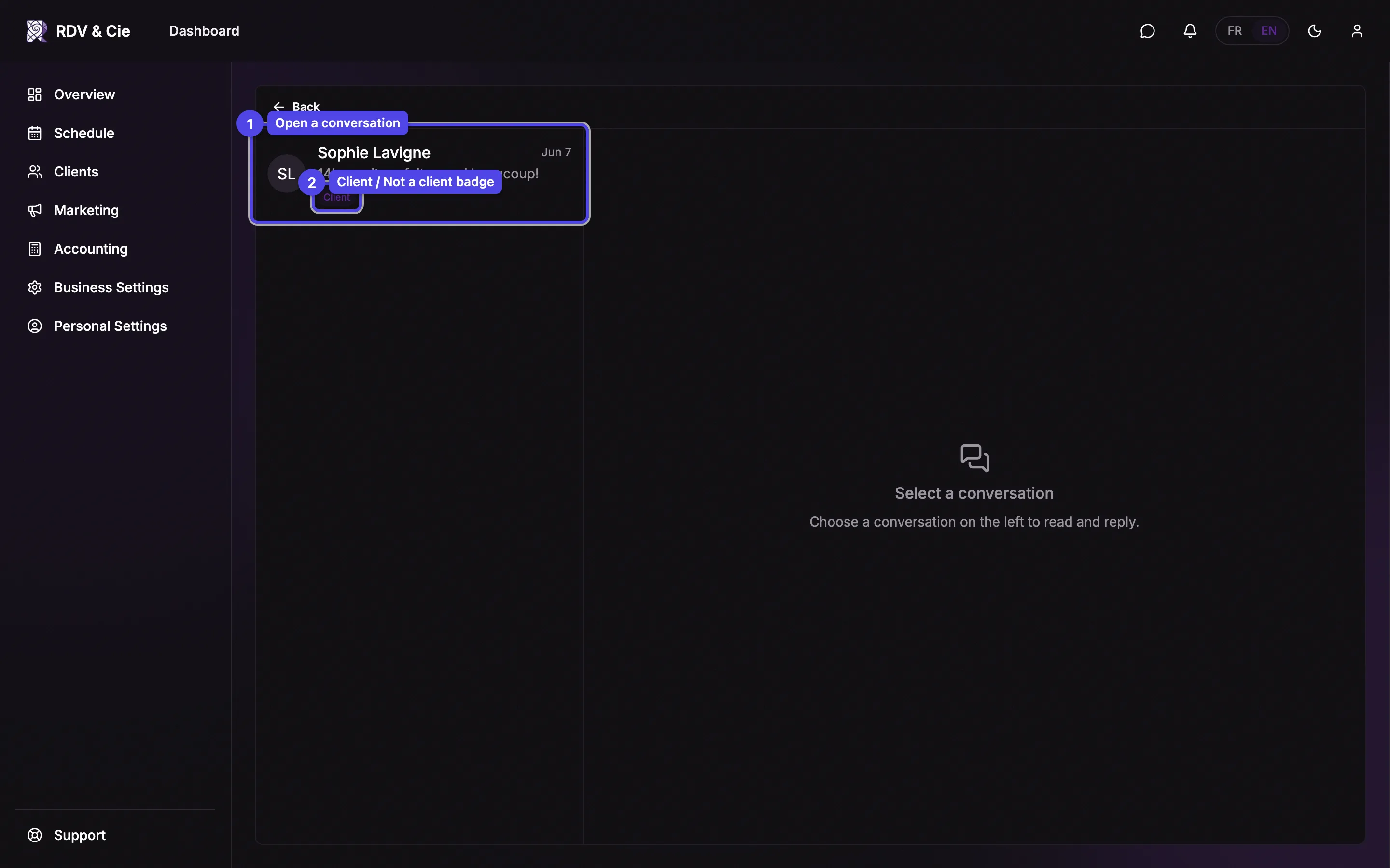 The Chat inbox showing a conversation row with the client's name, a message preview, and a Client badge