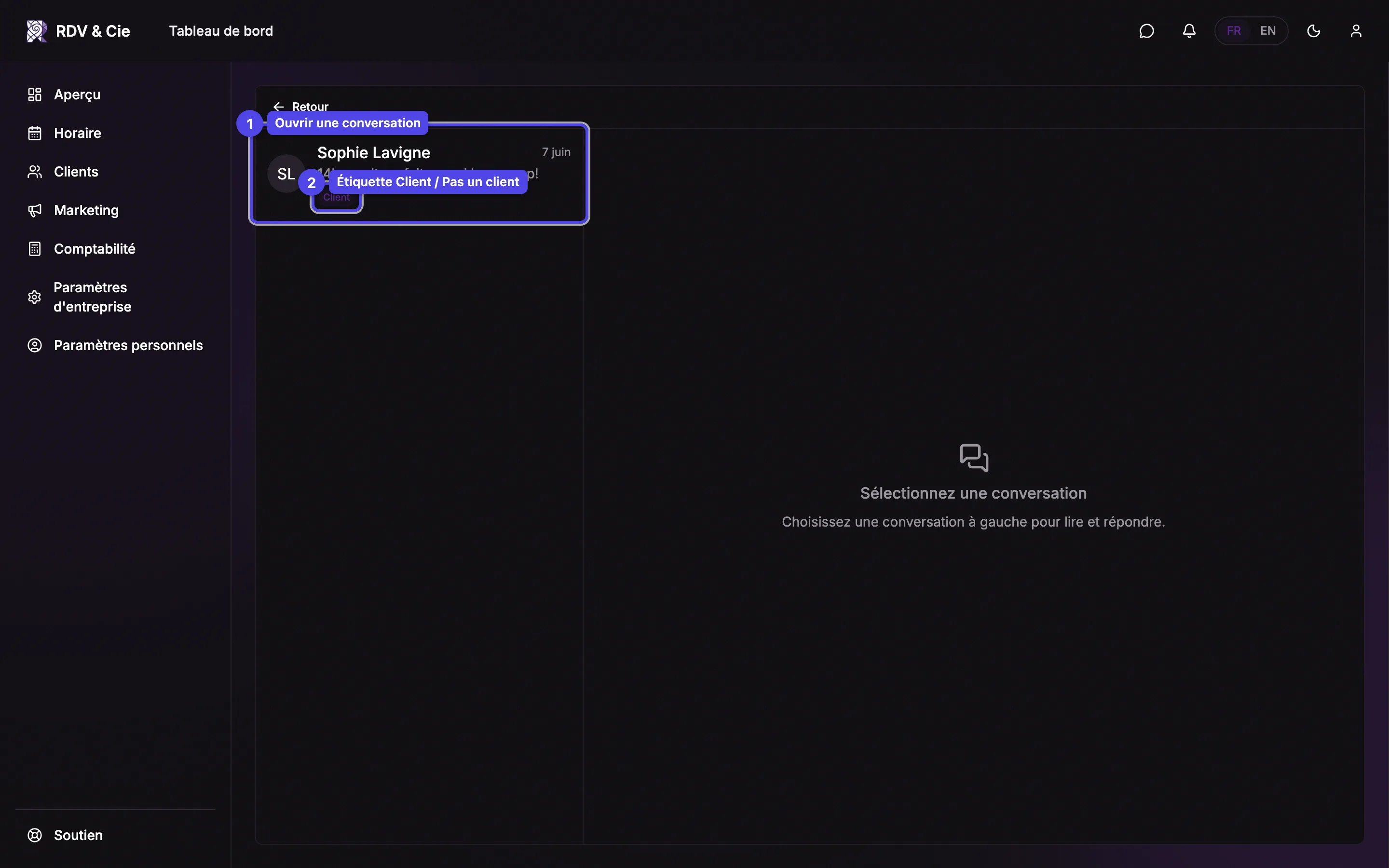 La boîte de réception du clavardage montrant une conversation avec le nom du client, un aperçu du message et une étiquette Client