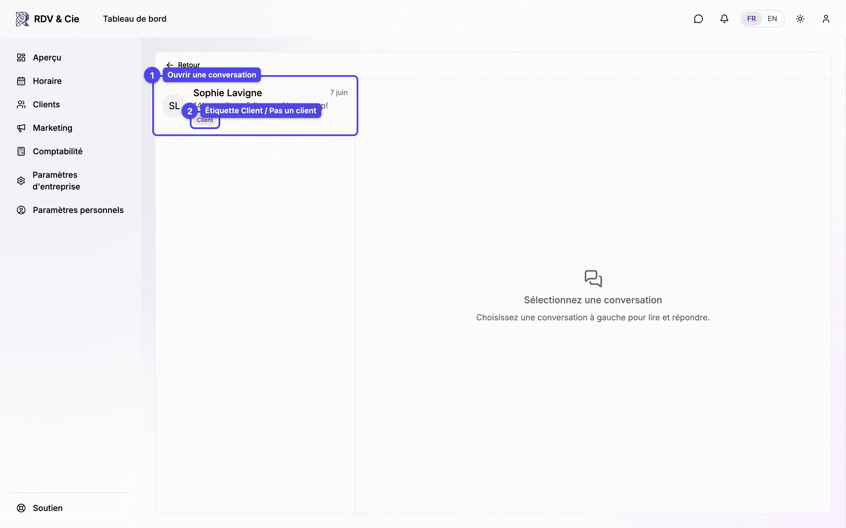 La boîte de réception du clavardage montrant une conversation avec le nom du client, un aperçu du message et une étiquette Client